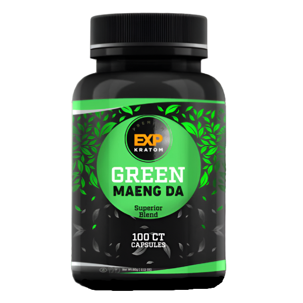 EXP 100 count Green Maeng Da kratom capsules bottle at NuWave Botanicals