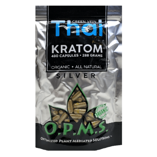 OPMS Silver Green Vein Thai kratom capsules 480 count at NuWave Botanicals