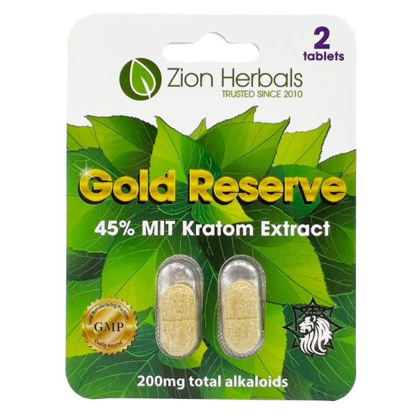 Zion Herbals Gold Reserve Extract Kratom Capsules & Tablets front label – NuWave Botanicals