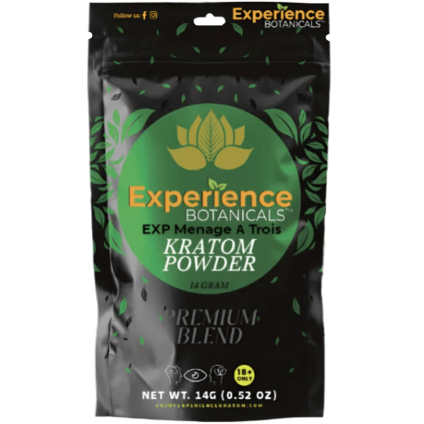 EXP Ménage à Trois kratom powder 14g sample bag at NuWave Botanicals