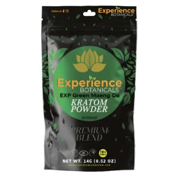 Experience Botanicals Green Maeng Da Premium Blend kratom powder 14g sample bag at NuWave Botanicals