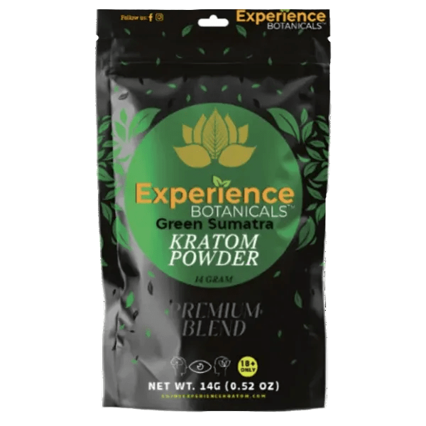 Green Sumatra kratom powder 14g sample bag at NuWave Botanicals