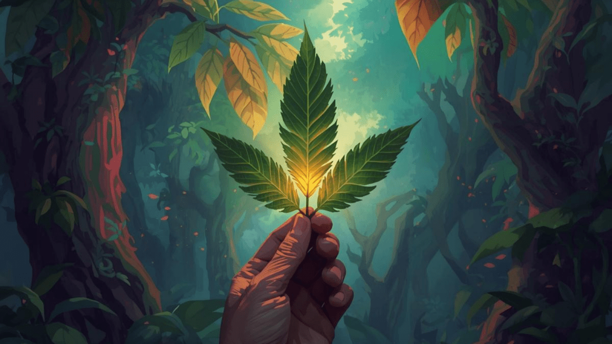 Hand Holding Kratom Leaf In A Tropical Forest