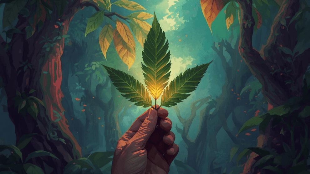 Hand Holding Kratom Leaf In A Tropical Forest