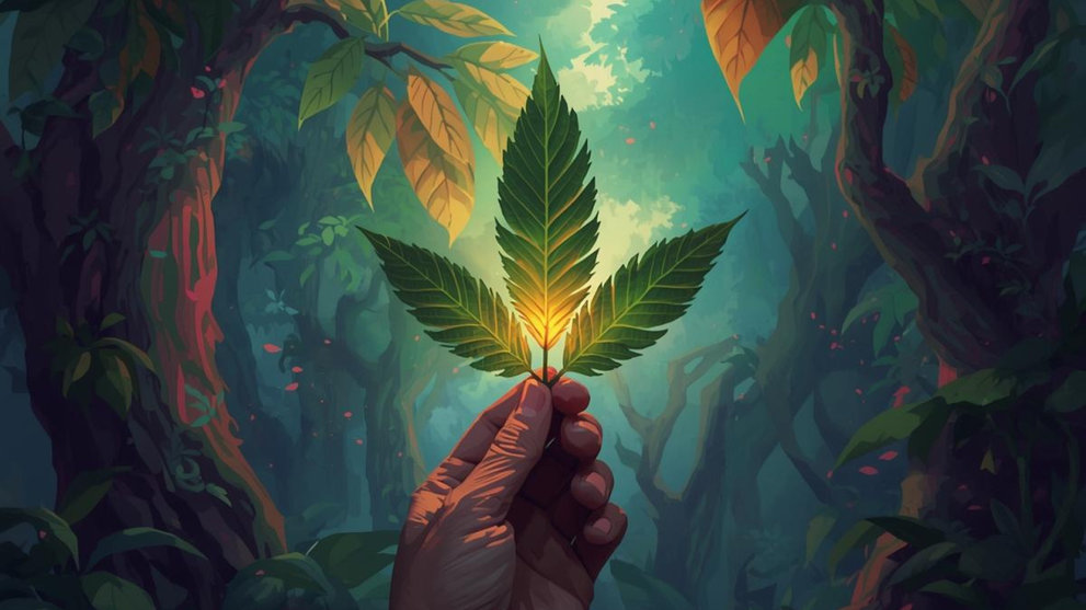 Hand Holding Kratom Leaf In A Tropical Forest