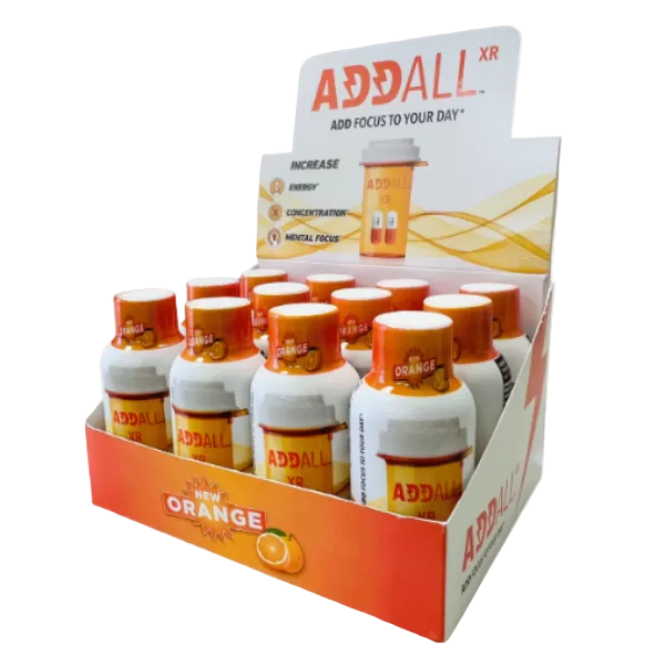 Addall XR 2oz orange flavor shot display of 12 in a bottle at NuWave Botanicals