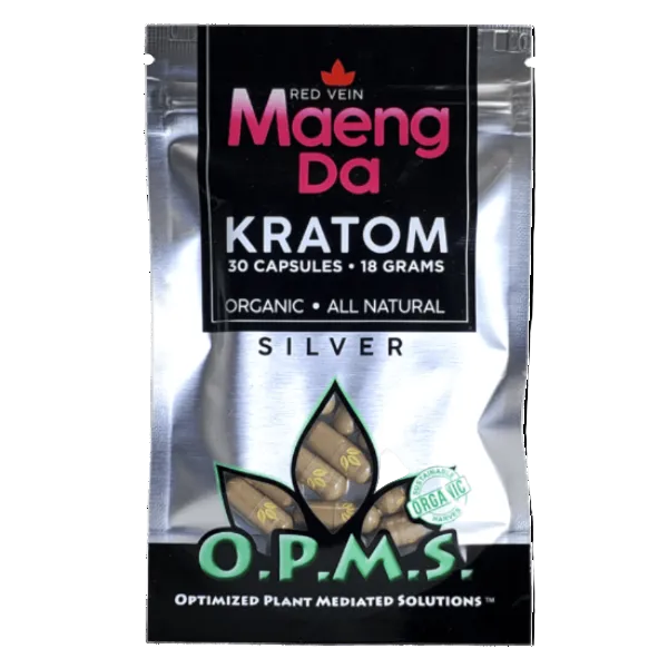 OPMS Silver Maeng Da Red Vein kratom capsules 30 count at NuWave Botanicals