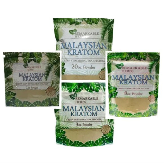 Remarkable Herbs Malaysian Kratom powder in different sizes at NuWave Botanicals