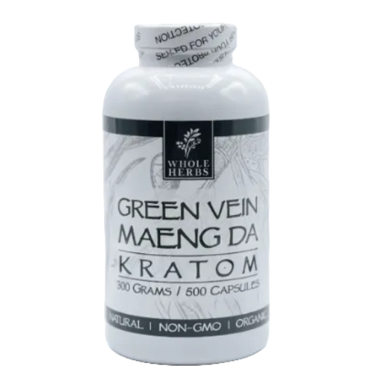 Bottle of Green Vein Maeng Da Kratom with 'Whole Herbs' branding on a white background