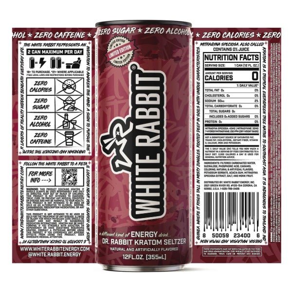 White Rabbit Energy Dr. Rabbit Kratom Seltzer can drink with details at NuWave Botanicals