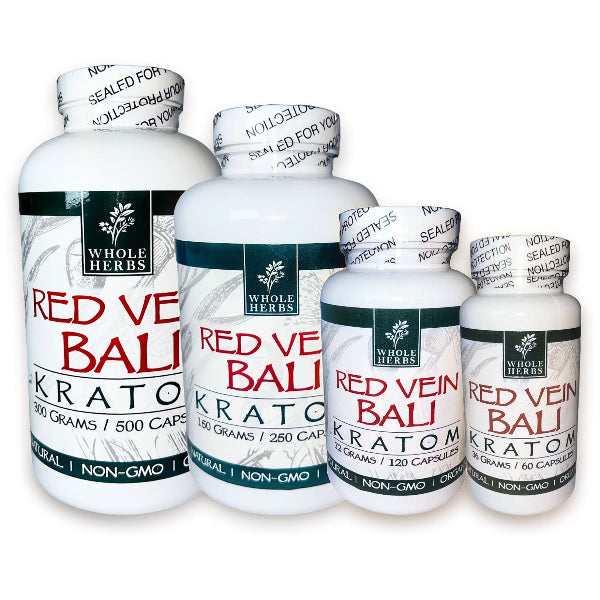 Whole Herbs Red Vein Bali kratom capsules bottle at NuWave Botanicals