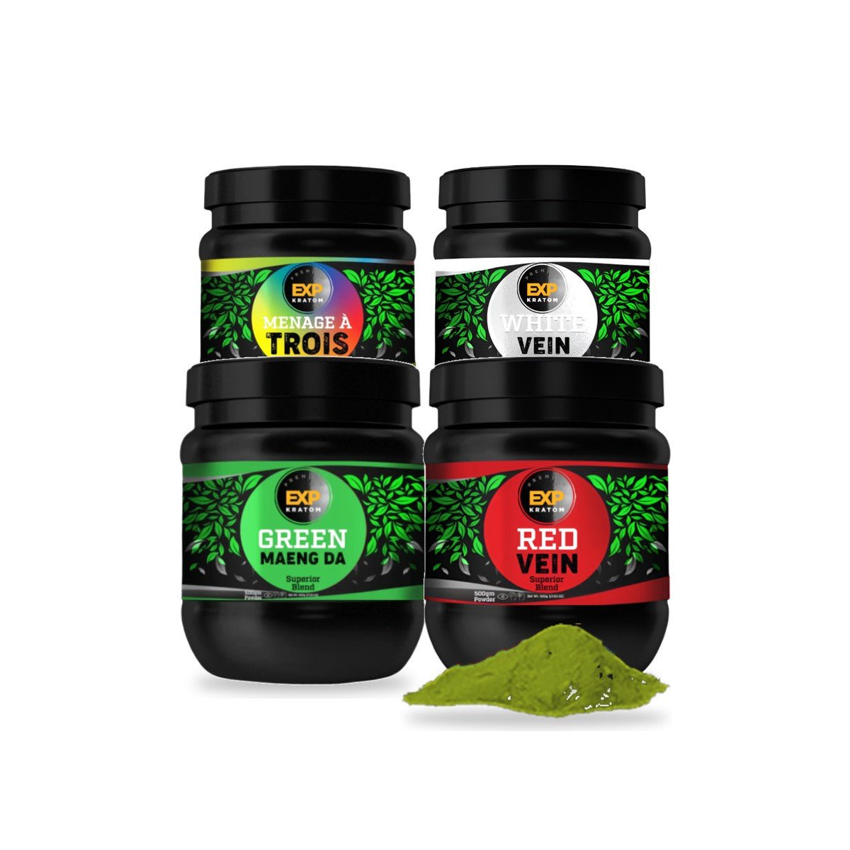EXP Premium kratom powder 4x500g jar bundle with kratom powder: Green Maeng Da, Ménage à Trois, Red Vein and White Vein jars