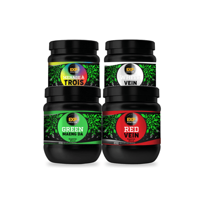 EXP Premium kratom powder 4x500g jar bundle: Green Maeng Da, Ménage à Trois, Red Vein and White Vein jars