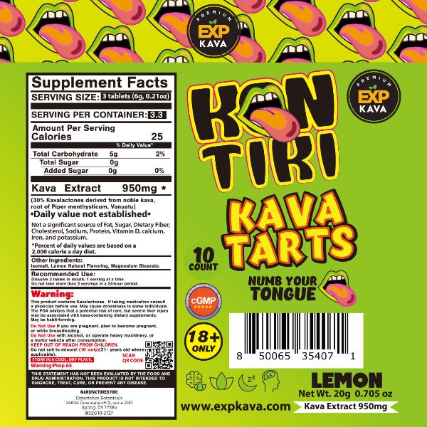 EXP 10ct Kon Tiki Kava Tarts 950mg Lemon back label – NuWave Botanicals
