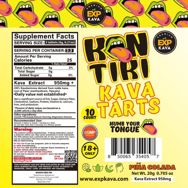 EXP 10ct Kon Tiki Kava Tarts 950mg Pina Colada back label – NuWave Botanicals