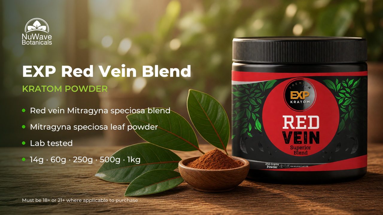EXP Premium Red Vein Kratom Powder Jar product video, NuWave Botanicals