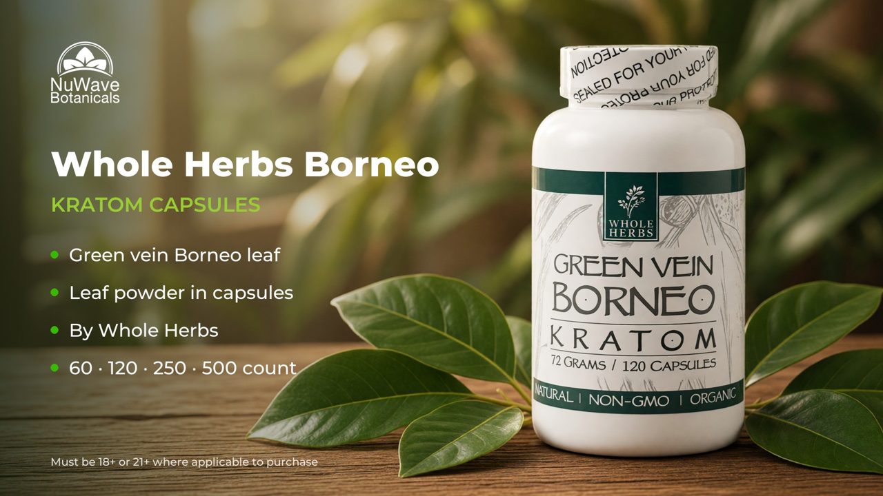 Whole Herbs Green Vein Borneo Kratom Capsules product video, NuWave Botanicals
